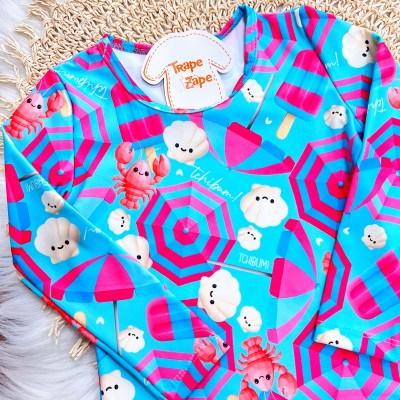 Linha Praia - Conj. Blusa Manga Longa e Calcinha Fundo do Mar com Proteção UV50+ - Azul Bebê